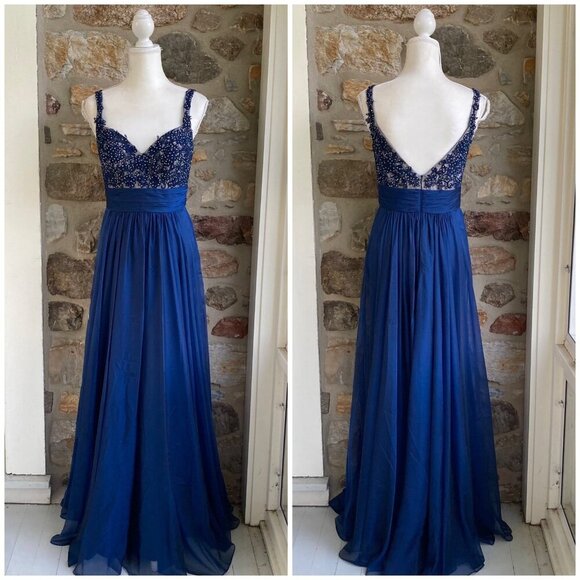 La Femme Dresses & Skirts - La Femme Cobalt Blue Beaded Lace Chiffon Gown Womens 8